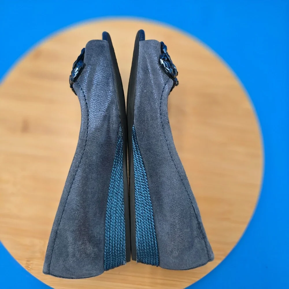 Alex Marie Peep Toe Wedge Flats Embellished Blue‎ Suede Women's Size 8.5M